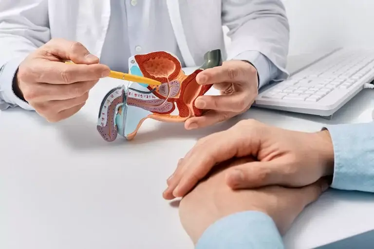 Médico demonstrando um modelo peniano.